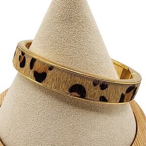 1990s Leopard Print Calf Hair Gold Tone Hinged Clamper Bracelet